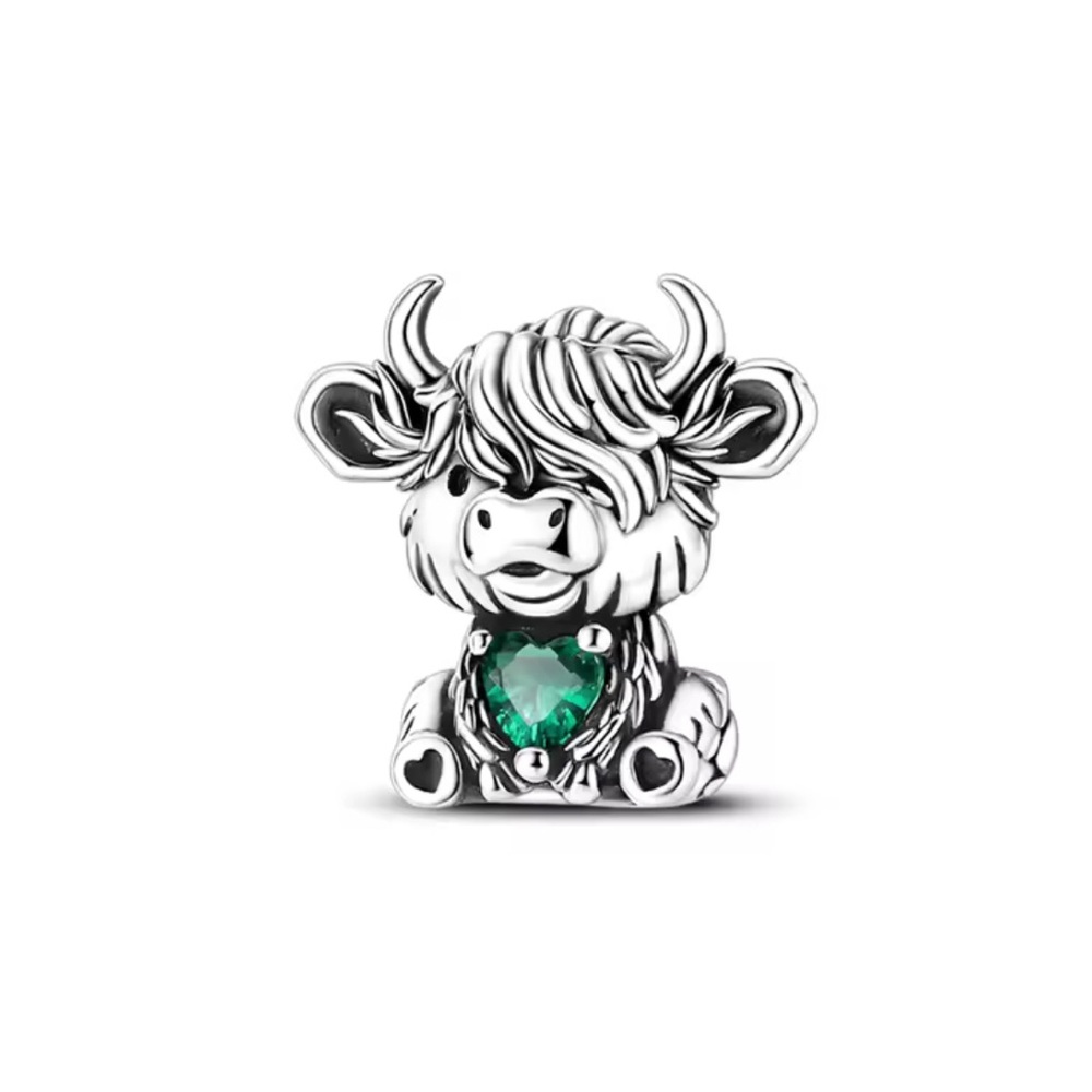 Sterling Silver Highland Cow Charm with Green Heart Gem
